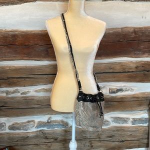 Olivia Harris chain pouch bag, drawstring closure, silver/black, EUC